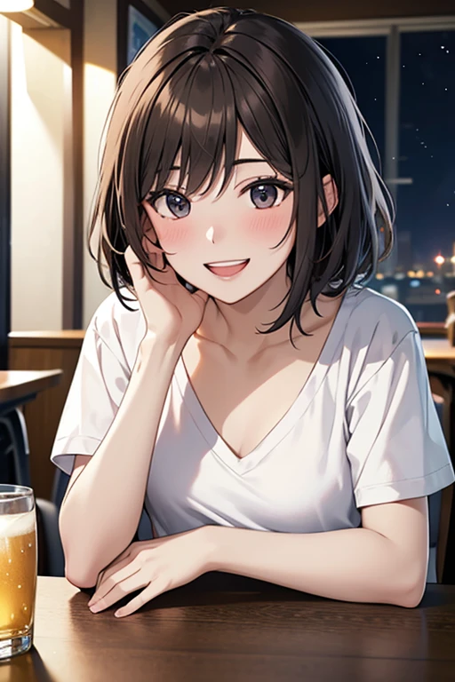 masterpiece, High resolution, High-definition CG Unity 8K,Beautiful and dense face, detailed hair texture, beautiful face,1 girl,(black eye),small breasts, (Very short、Shaggy brown hair), (at night),grin and laughning eyes,grin and laugh,distress,break,(At the pub table), (Drinking alcohol),(:d:1.2),(White V Neck T-Shirt),shorts,(Lie down on the table),nose blush:1.1