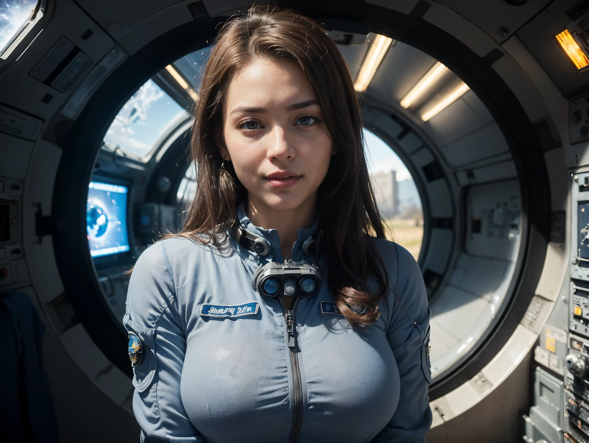 (Photorealsitic:1.4)、female、45 year old、Soryu Asuka Langley、Eva Unit 2 pilot、Colossal 、extremely busty, A slender、((((Wearing a blue-gray pilot suit))、top-quality、extremely delicate and beautiful、high resolution、beautiful illuminating、1girl in、tall philanthropist、Earth Eye、Brown hair、(So real that you can mistake it for a photo)、illuminating the face、illuminating、wetted skin、face perfect、(Ultra-detailed eyesnose-mouth-tongue)、sexypose、illuminating the face、(Draw the whole body)、face perfect、space station,, upper body, cowboy shot