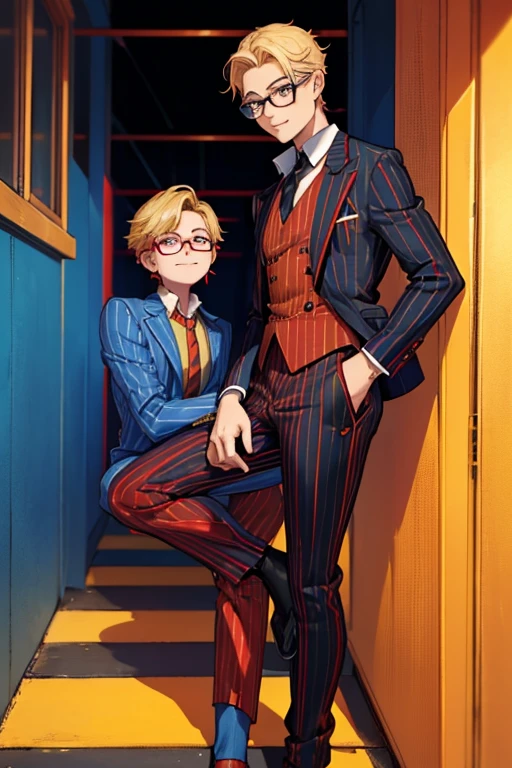 male, blonde short hair, blue eyes, (((1boy))), (((red business suit with yellow pinstripes))), (black shirt), (red pants with yellow pinstripes), (black shoess), (glasses), long legs, smiling