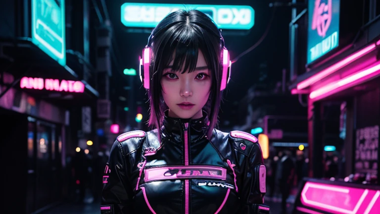 (8k, RAW Photos, highest quality, masterpiece:1.2), (Realistic, photo-Realistic:1.37),(Japanese female models), (Pink Neon),(cyber punk),