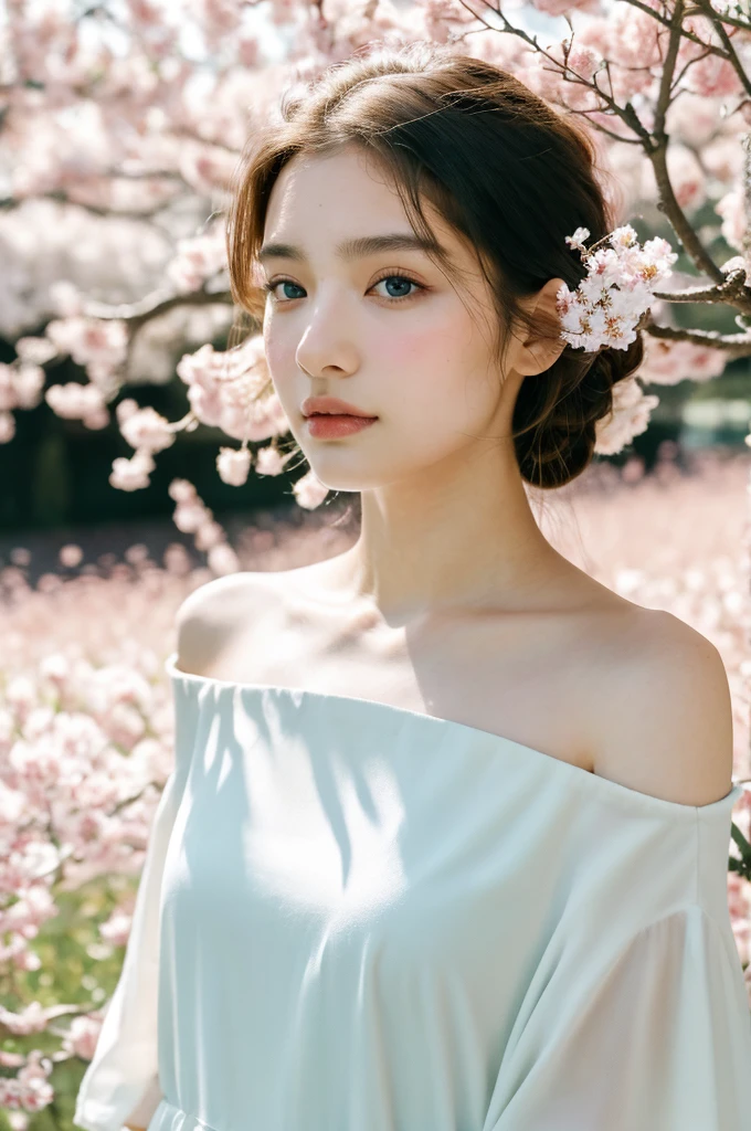 ( masterpiece, top quality, best quality,8k,17 years old girl,ultra detailed,raw photo:1.5),(photorealistic:1.4),(cinematic lighting), PerfectNwsjMajic, , Surrealism, UHD, ccurate, Super detail, textured skin, High detail, Best quality, dynamic angle, (high nose,White skin),[Beautiful blue eyes],[flat chest:large breasts:0.5],(1girl),(good anatomy:0.5)), white dress, off shoulder, blossom flower field, glowing skin,