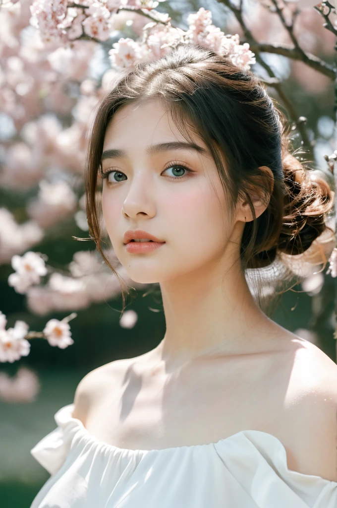 ( masterpiece, top quality, best quality,8k,17 years old girl,ultra detailed,raw photo:1.5),(photorealistic:1.4),(cinematic lighting), PerfectNwsjMajic, , Surrealism, UHD, ccurate, Super detail, textured skin, High detail, Best quality, dynamic angle, (high nose,White skin),[Beautiful blue eyes],[flat chest:large breasts:0.5],(1girl),(good anatomy:0.5)), white dress, off shoulder, blossom flower field, glowing skin,