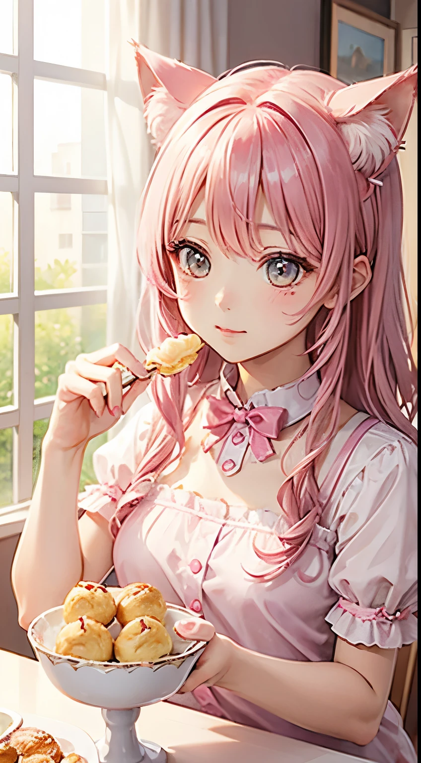 Cat with pink ribbon、Hair Pink、Eat cream puffs