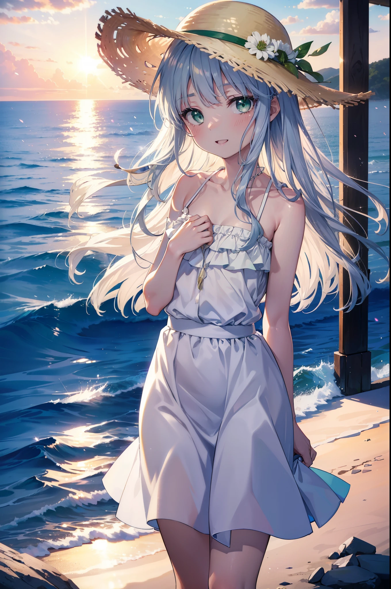 index, index, (green eyes:1.5), silver hair, long hair, (flat chest:1.2),straw hat,白色ロングskirt一体型ワンピース,barefoot,skirt,naked neck,bare clavicle,bare shoulders,bare arms,happy smile, smile, open your mouth,beachのsandy beachを散歩しながら、Silver hair fluttering in the breeze, sunset,evening,The sun is setting,
break looking at viewer, Upper body, whole body,(cowboy shot:1. 5)
break indoors, beach,sandy beach,
break (masterpiece:1.2), highest quality, High resolution, unity 8k wallpaper, (figure:0.8), (detailed and beautiful eyes:1.6), highly detailed face, perfect lighting, Very detailed CG, (perfect hands, perfect anatomy),