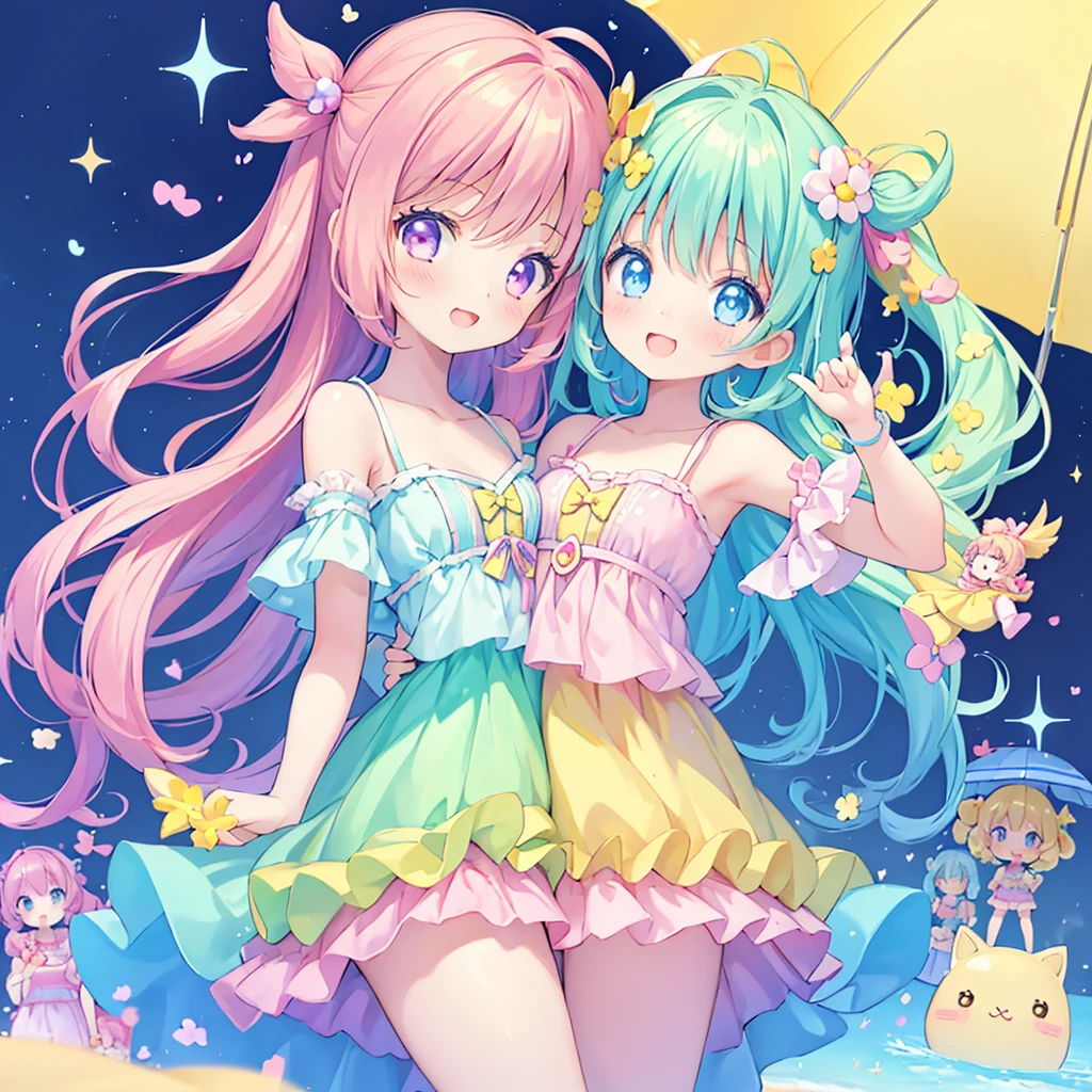 masterpiece, (2girls and 2girls and 2girls and 2girls), idol, closeup, big eyes, kawaiitech, kawaii, cute, pastel colors, best quality, happy, deep background, symmetrical, tilted head, summer, cover, title