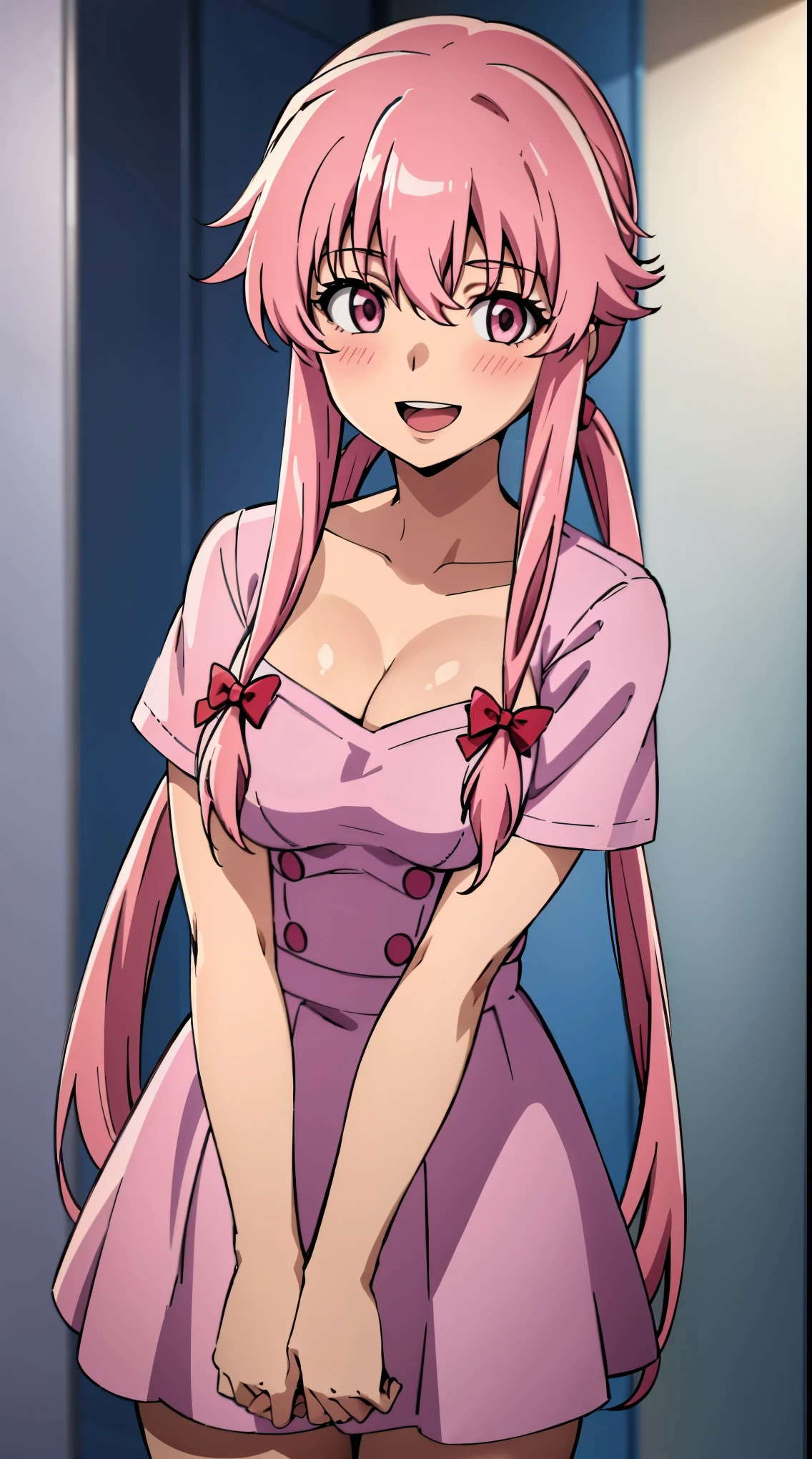 1girl, breasts, pink_hair, solo, cleavage, looking_at_viewer, large_breasts, open_mouth, smile, long_hair, pink_eyes, collarbone, bow, blush, hair_bow, pink_dress, red_bow, twintails, short_sleeves, bangs, teeth, long_sleeves, dress, indoors, sidelocks, shiny, hair_between_eyes, :d, nurse, buttons, shiny_skin