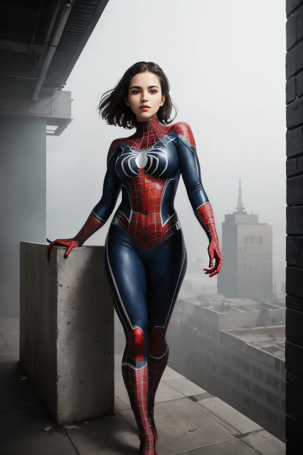 (1girl:1.3), Solo, (((Very detailed face)))), ((Very detailed eyes and face)))), Beautiful detail eyes, Body parts__, Official art, Unified 8k wallpaper, Super detailed, beautiful and beautiful, beautiful, masterpiece, best quality, original, masterpiece, super fine photo, best quality, super high resolution, realistic realism, sunlight, full body portrait, amazing beauty, dynamic pose, delicate face, vibrant eyes, (from the front), She wears Spider-Man suit, red and black color scheme, spider, very detailed city roof background, rooftop, overlooking the city, detailed face, detailed complex busy background, messy, gorgeous, milky white, highly detailed skin, realistic skin details, visible pores, clear focus, volumetric fog, 8k uhd, DSLR, high quality, film grain, fair skin, photo realism, lomography, futuristic dystopian megalopolis, translucent (huge titits 1:1)