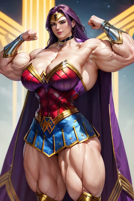 ((((Massive, tall, beautiful, buff, pale white skinned muscular woman with violet purple hair, ginormous bulky muscles and wearing an all violet purple Wonder Woman suit with pleated skirt and a cape)))), close view, ((massive muscle)), massive biceps, hyper muscle shoulders, massive muscle arms, vascular shoulders, hyper muscle triceps, (long hair with long bangs), black eyes, superhero gauntlets, choker, ((in the mount Olympus)), superhero boots, confident smile, night, hyper vascular arms, hyper muscles arms, hyper muscle legs, (ginormous arms), 