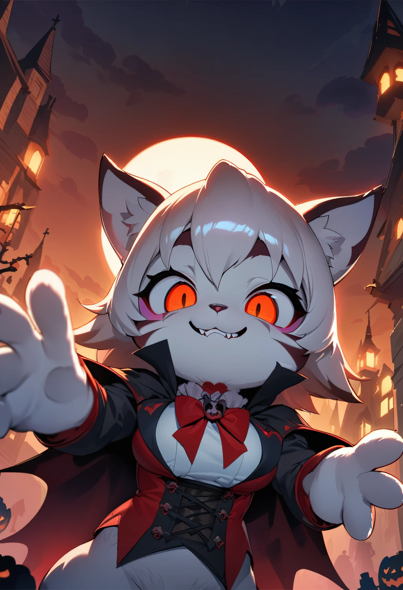 (epic, dynamic angle)top quality, best quality, High-quality illustrations, masterpiece, While creating a Halloween atmosphere, vampire with furry elements, (kemono, super cute girl, solo focus)(furry anthro)(highly detailed beautiful face and eyes)absurdres, perfect anatomy, Scene of a red full moon with a strong horror color,