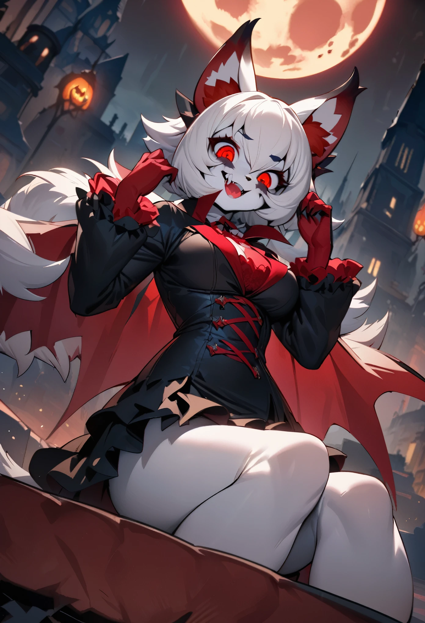 (epic, dynamic angle)top quality, best quality, High-quality illustrations, masterpiece, While creating a Halloween atmosphere, vampire with furry elements, (kemono, super cute girl, solo focus)(furry anthro)(highly detailed beautiful face and eyes)absurdres, perfect anatomy, Scene of a red full moon with a strong horror color,