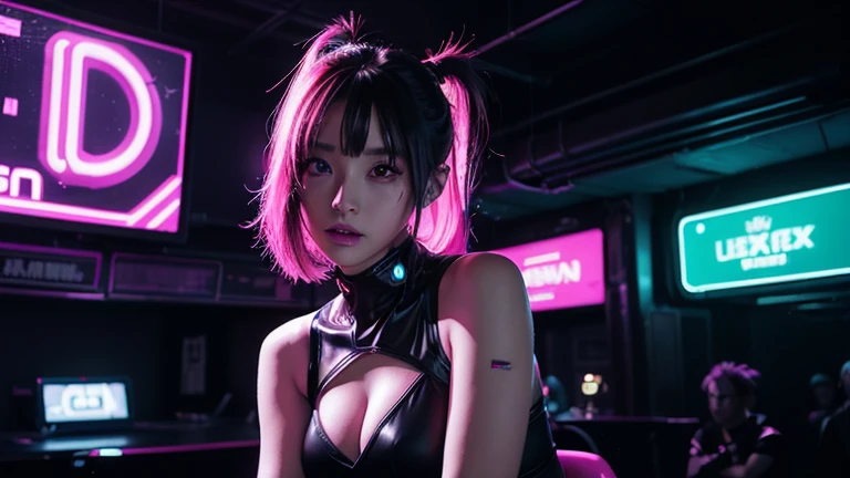 1 girl, ライトブルー neon ,A female android is dancing, cyber punk, club music,dim lighting, neon signs,fc portrait, neon,cyber punk, futuristic ,EDM,Club Music,