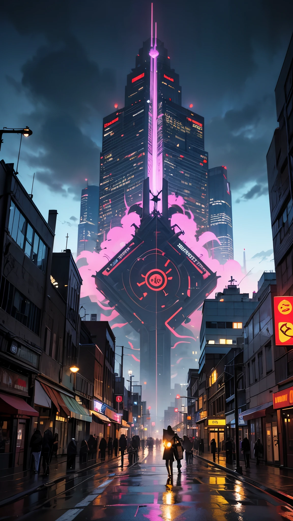 (best quality,4k,8k,highres,masterpiece:1.2),ultra-detailed,(realistic,photorealistic,photo-realistic:1.37),HDR,UHD,studio lighting,ultra-fine painting,sharp focus,physically-based rendering,extreme detail description,professional,vivid colors,bokeh,battle-hardened cyberpunk paladin,glowing cybernetic arm,plasma sword with a cross-shaped guard,neon-lit chaos,futuristic city,electric blue and vibrant purple color palette,illuminated skyscrapers,hovering drones,blurred streaks of flying vehicles,rebel graffiti on the walls,steampunk-inspired architecture,towering holographic billboards,explosive energy arcs,exotic plants with neon glow,pouring rain,reflective puddles,blinking street lights,foreboding atmosphere,smoke-filled alleys,technological implants,endless streaming data,city skyline disappearing into the night sky