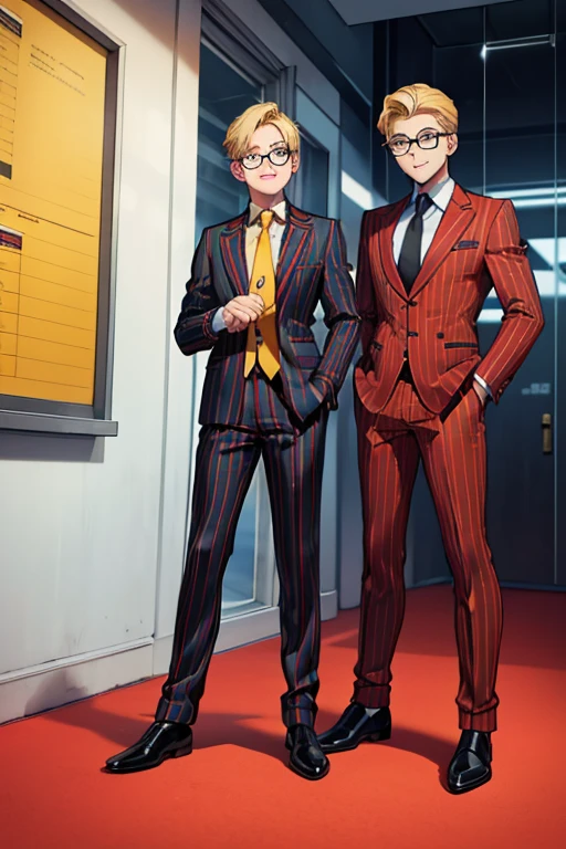 male, blonde short hair, blue eyes, (((1boy))), (((red business suit with yellow pinstripes))), (black shirt), (yellow tie), (red pants with yellow pinstripes), (black shoes), (glasses), long legs, smiling