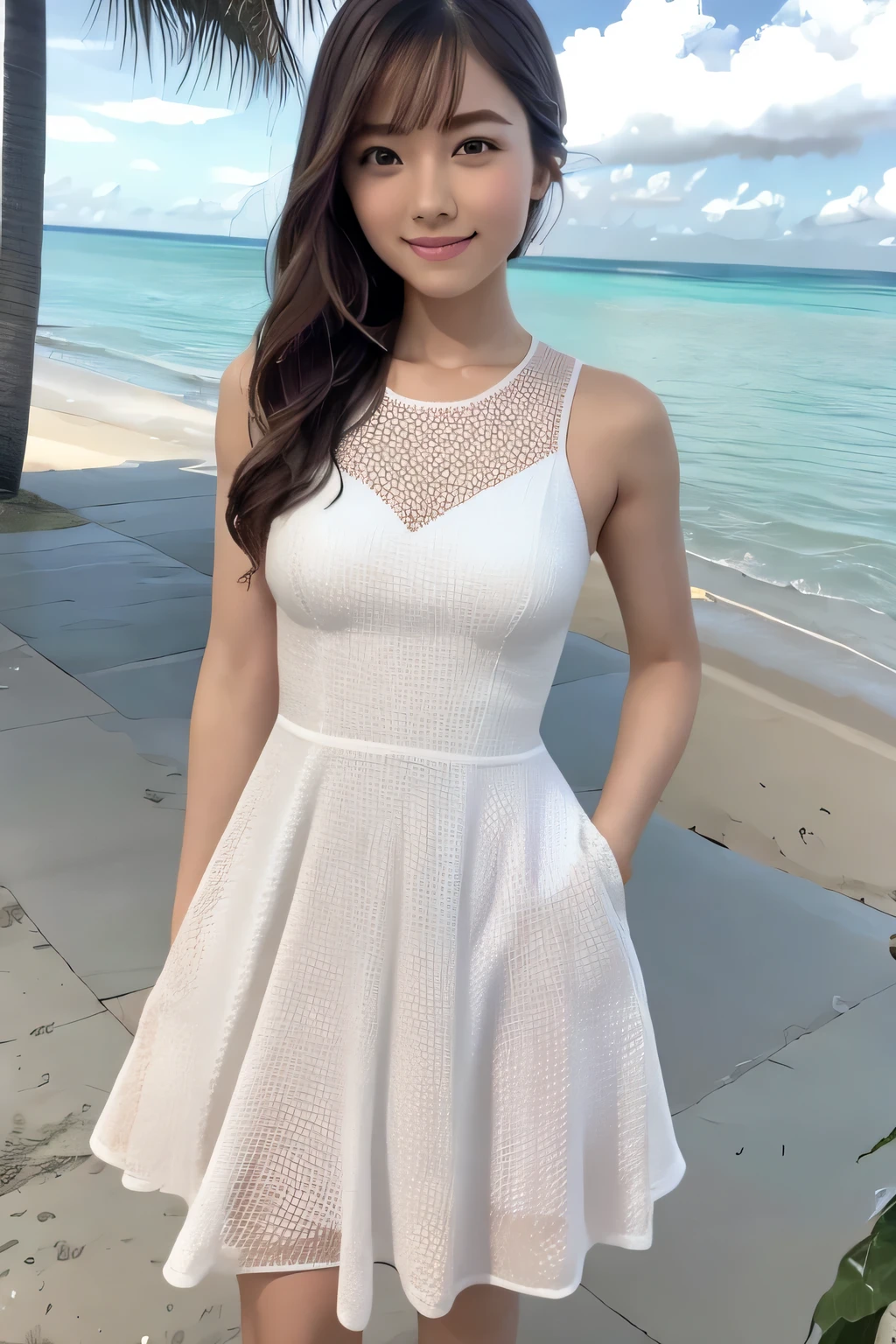 1 girl, beautiful, cute, professional lighting, highest quality,well-groomed face,(Fit and flare dress:1.5),long hair, clear, beautiful,(beach:1.5)