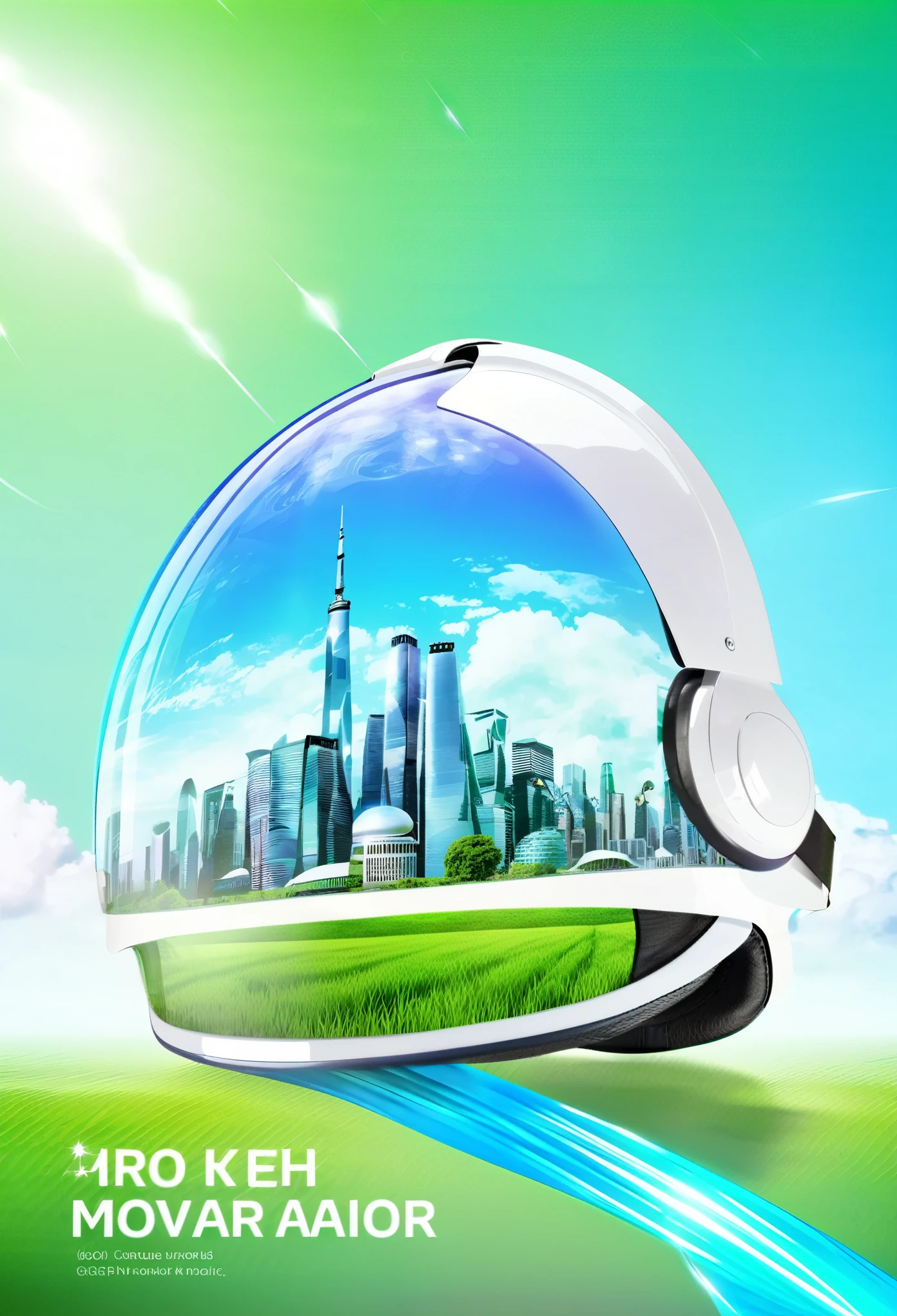 (best quality,4k,highres,masterpiece:1.2),ultra-detailed,(realistic,photorealistic,photo-realistic:1.37), Ad for virtual reality, Frutiger Aero aesthetic art with complex geometric 2D shapes, sunny blue sky, green field, futuristic background buildings, glossy material, virtual reality helmet, morphing water, Futuristic text font, English text, shades of white and blue, light background, highly detailed, 4K.