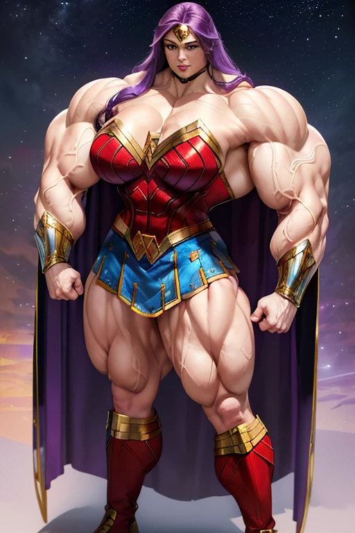 ((((Massive, tall, beautiful, buff, pale white skinned muscular woman with violet purple hair, ginormous bulky muscles and wearing an all violet purple Wonder Woman suit with pleated skirt and a cape)))), close view, ((massive muscle)), massive biceps, hyper muscle shoulders, massive muscle arms, vascular shoulders, hyper muscle triceps, (long hair with long bangs), black eyes, superhero gauntlets, choker, ((in the mount Olympus)), superhero boots, confident smile, night, hyper vascular arms, hyper muscles arms, hyper muscle legs, (ginormous arms),