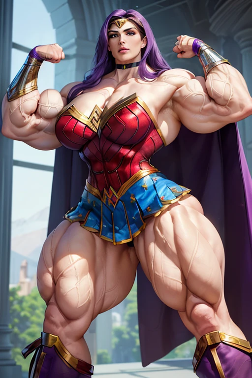 ((((Massive, tall, beautiful, buff, pale white skinned muscular woman with violet purple hair, ginormous bulky muscles and wearing an all violet purple Wonder Woman suit with pleated skirt and a cape)))), close view, ((massive muscle)), massive biceps, hyper muscle shoulders, massive muscle arms, vascular shoulders, hyper muscle triceps, (long hair with long bangs), black eyes, superhero gauntlets, choker, ((in the mount Olympus)), superhero boots, confident smile, night, hyper vascular arms, hyper muscles arms, hyper muscle legs, (ginormous arms), 