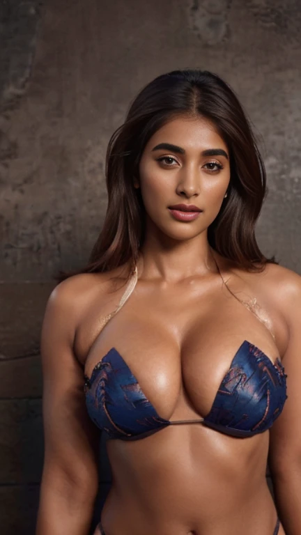 (portrait photo), ((best quality)), masterpiece, 8k wallpaper, nikon, cinematic lighting, medium hair, ((blue iris)), (photorealistic:1.4), (pooja hegde), (as a super woman), (deep cleavage and navel), ((bikini)),((trimmed eyebrow))
