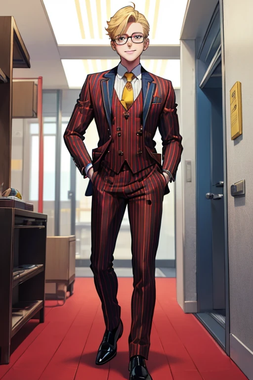 male, blonde short hair, blue eyes, (((1boy))), (((red business suit with yellow pinstripes))), (black shirt), (yellow tie), (red pants with yellow pinstripes), (black shoes), (glasses), long legs, smiling