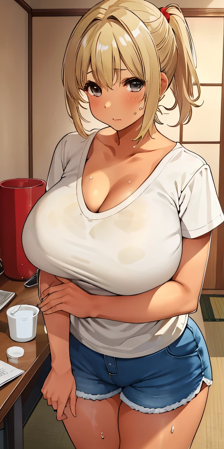 Mature Japanese Woman、short hair、ponytail、(((bright blonde:1.2)))、(((gal)))、金髪gal、tanned skin、(((big breasts:1.1)))、sexy、T-shirt appearance、Izakaya、drink alcohol、cheeks are red、nsfw、dimly lit room、shorts、big breastsが見える、shorts、Cleavage is separated、masturbation、sex、sweaty、sexyな下着