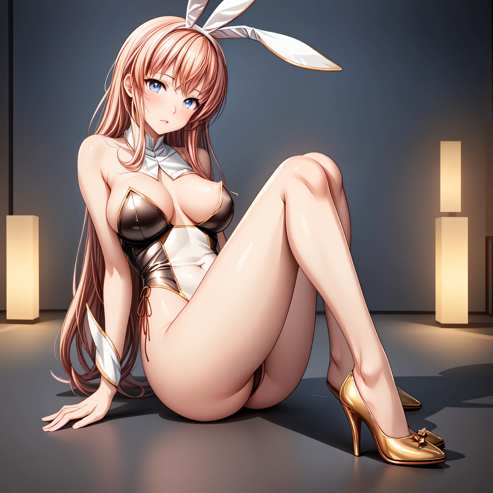 masterpiece, highest quality,beautiful eyes, beautiful hair, beautiful face, beautiful skin, solo, 1 girl, anime girl, curvy, beautiful breasts,shiny skin,shining eyes, smooth skin, soft skin, bare legs, high heels, embarrassed, (Golden Bunny Girl), (bare shoulder:1.3), erect nipples, High leg, full body