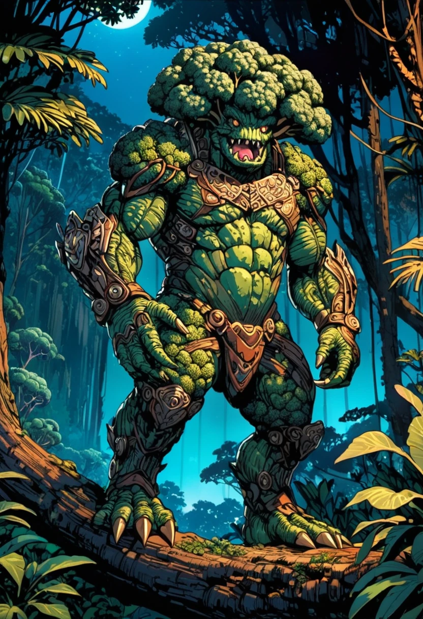 a photograph of a full body Broccoli monster, perched on a tree in the jungle at night, art by Ridley Scott, ultra highly detailed, cinematic, 32k, intricated, high quality, complex patterns, rust,