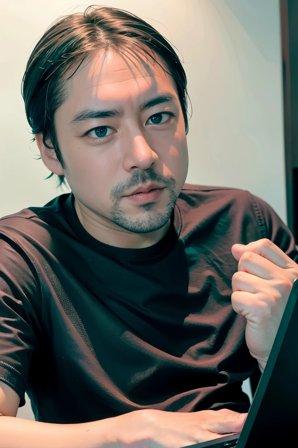 Wearing a black T-shirt with a blue overcoat、Young man with gray hair sitting and playing with a laptop, his power is technology, Semi realism