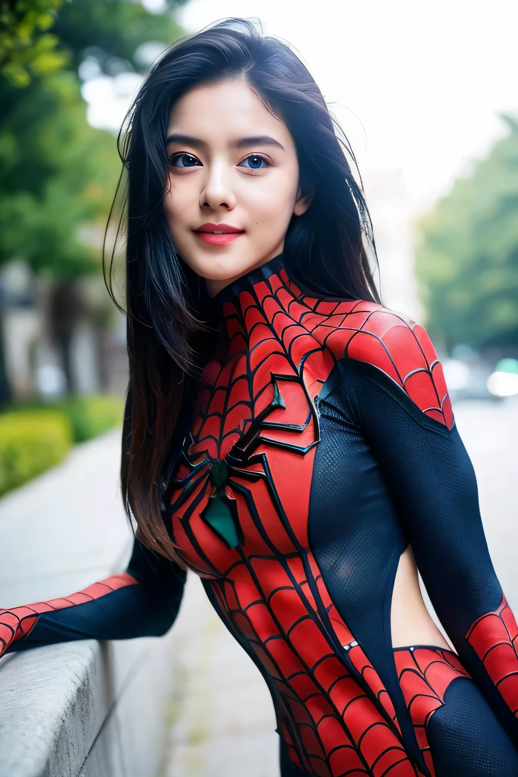 ((best quality)), ((masterpiece)), (detailed), perfect face 8K, Top Quality, Intricate Details, Ultra Detail, Ultra High Resolution, Masterpiece, random angle,  Slender, Smile, (Makeup: 0.4), (Fluffy Blue Eyes: 1.21), blue Eyes, looking at viewer, ((full body)), 1girl, solo, 1 girl, (( full body)),  close-up shot,   , ((tall)), (((fit body))), (((slim face))), sharp face, sharp eyes, (((black hair, long hair, ))  (detailed face), sharp face, small lips, 
 ((spiderman suit)),  detailed face, detailed breast, , large breast, detail ass, , Beautiful girl with accentuated slender abs: 1.4, Six Pack Abs: 1.4, Bust Botox, Big, Perfect Body, detail leg, (( moonlight)), top of mountain
