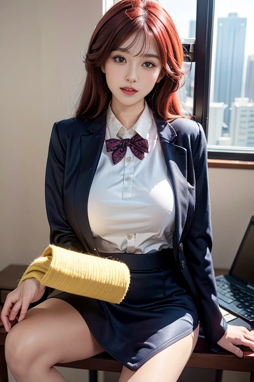(masterpiece), best quality, expressive eyes, perfect face, (Super detailed), ((kawaii)), Lovely, (charming), ((Very detailed)), 4K, (8K), best quality, (fair), pretty face, medium breasts, split, , ((完全看見White lace )), slime, 20 years old, Adult girl with long black hair, Straight long hair, 1 girl, alone, Super exquisite illustrations, best quality, 8K, In the office, (Looking out the window at the daytime scenery of Hong Kong city), (Morning),  Bangs, Tall girl born, Cowboy shooting, 在Morning ,  (((Very detailed))), A young woman opens her eyes with contentment. Through the gap between her legs and I can see her ((White lace )), Calm  expressions and gentle breathing create a calm atmosphere..,(((Very detailed))), Modern office background、sit on it, a chair, desk work, on the desk, name tag tape、identity tag, navy blue jacket, Navy Blue Pencil Skirt、wide tie on collar,,., crossing legs, working on the desk, using laptop, yellow-headband:1.5, red eyes, straight long hair, red hair, working dynamic, dynamic angle