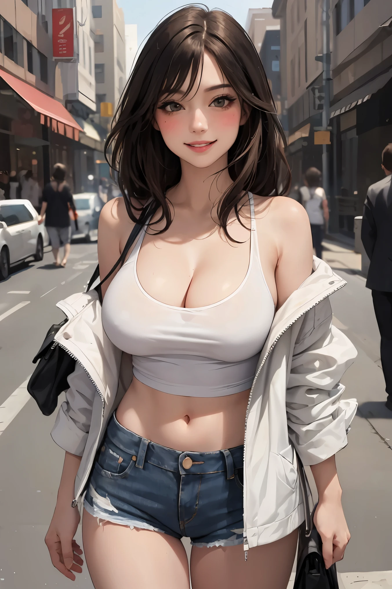 ((masterpiece, intricate details)), realistic, photorealistic, 1girl, mature female, midshot, green eyes, blush, blonde hair, dolly eyelashes, large breasts, cleavage, happy smile, white tank top, (black jacket), navel, (denim short shots), bare legs, street, cityscape
