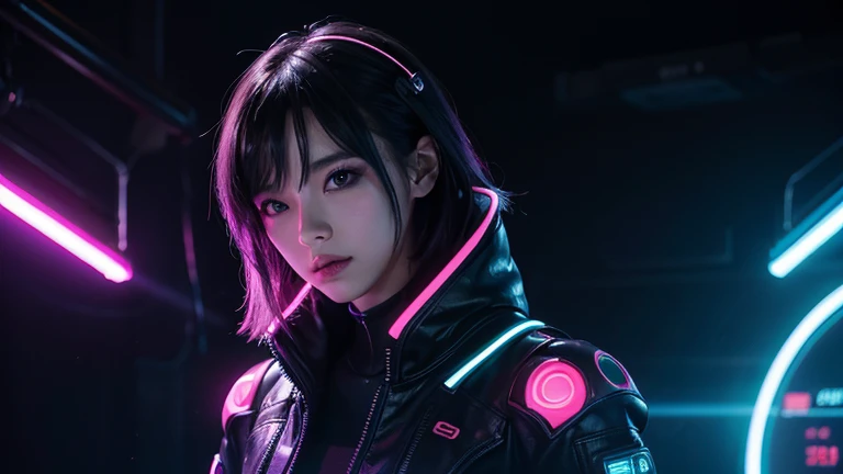 1 girl, ライトブルー neon ,A female android is dancing, cyber punk, club music,dim lighting,cinematic lighting, neon signs,fc portrait, neon,cyber punk, futuristic ,EDM,Club Music,