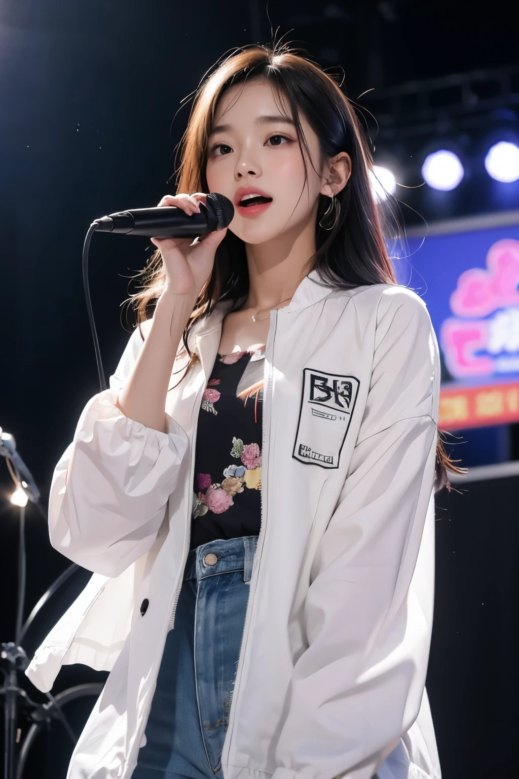 masterpiece, best quality, 8 thousand, 24 years old, photo beast, absurd, award-winning portraits, pure, korean beauty, spring, stage with electronic display, laces, cute, right, healthy, Beloved, perfect hands, A girl singing while holding a microphone in one hand, fluttering hair, Random Actions, 무작위 clothes, (clothes:random color),

