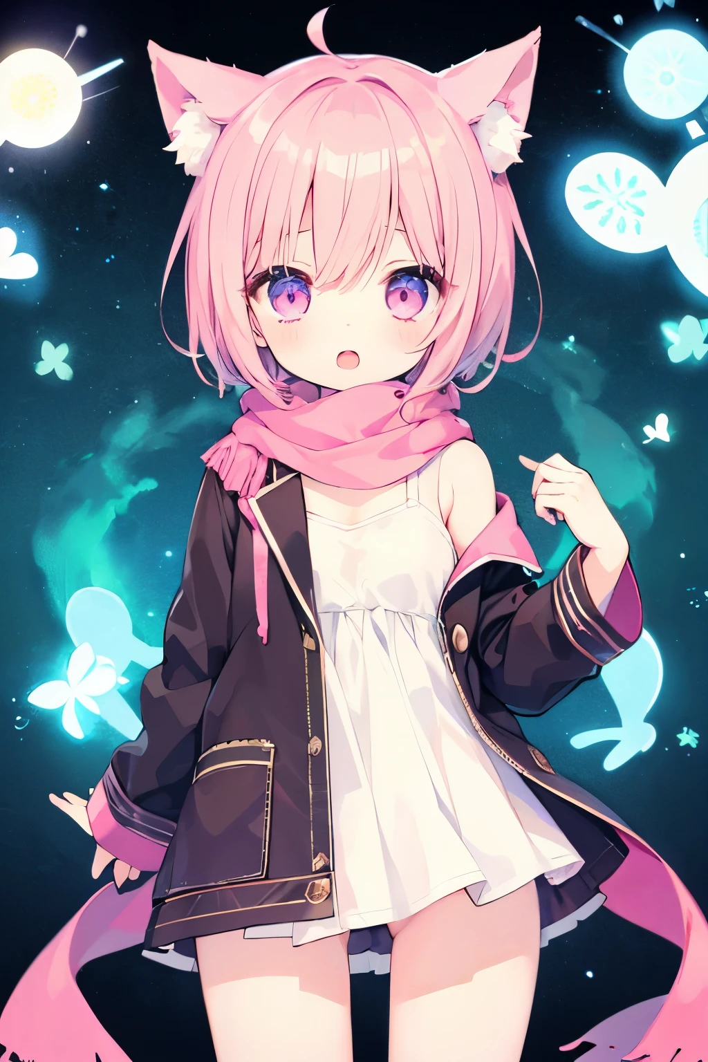 Very beautiful and shining eyes、shining eyes、((1 girl))、small breasts、big mouth、high school girl、small breasts、Cat ear、Transparent pink short hair、scarf、hot pants、transparent clothes、childish clothes、