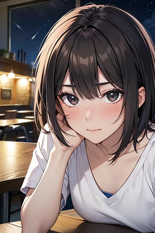masterpiece, High resolution, High-definition CG Unity 8K,Beautiful and dense face, detailed hair texture, beautiful face,1 girl,(black eye),small breasts, (Very short、Shaggy brown hair), (at night),distress,break,(At the pub table), (Drinking alcohol),(nose blush:1.0),(naughty face:1.0),(White V Neck T-Shirt),shorts,(Lie down on the table),