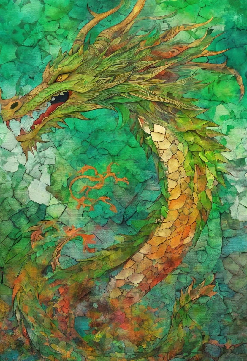 arbre dragon vert, mouvement ::2 colorful ink painting ::2 art fantasy
