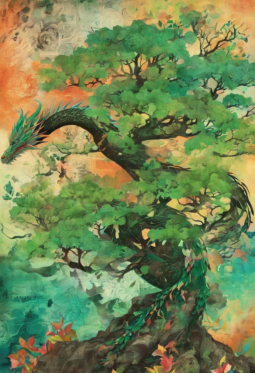 arbre dragon vert, mouvement ::2 colorful ink painting ::2 art fantasy