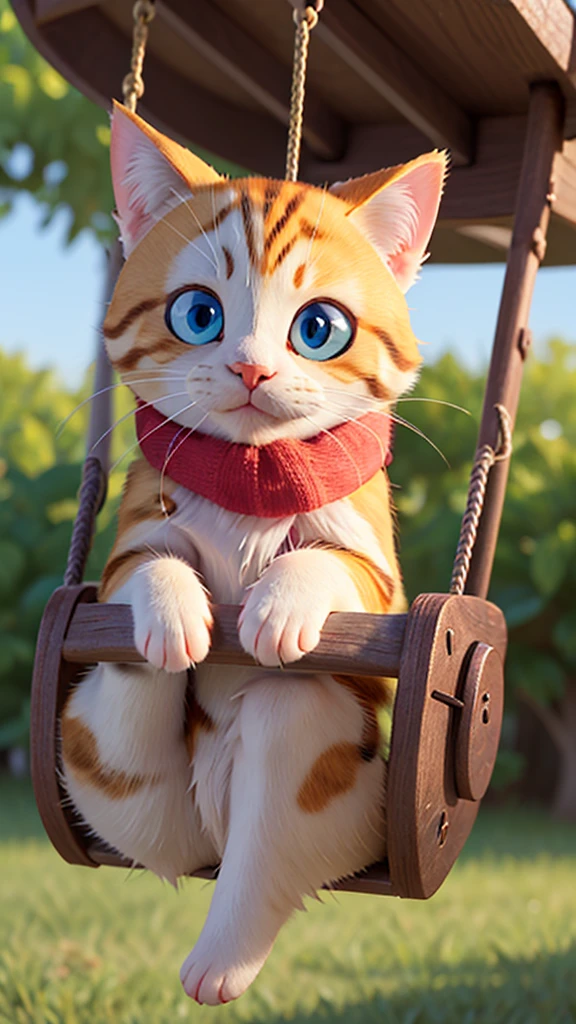 A kitten swinging on a swing in the park、Realistic cats、anatomically correct、High resolution、HD、8K