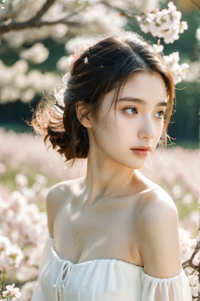 ( masterpiece, top quality, best quality,8k,17 years old girl,ultra detailed,raw photo:1.5),(photorealistic:1.4),(cinematic lighting), PerfectNwsjMajic, , Surrealism, UHD, ccurate, Super detail, textured skin, High detail, Best quality, dynamic angle, (high nose,White skin),[Beautiful blue eyes],[flat chest:large breasts:0.5],(1girl),(good anatomy:0.5)), white dress, off shoulder, blossom flower field, glowing skin,