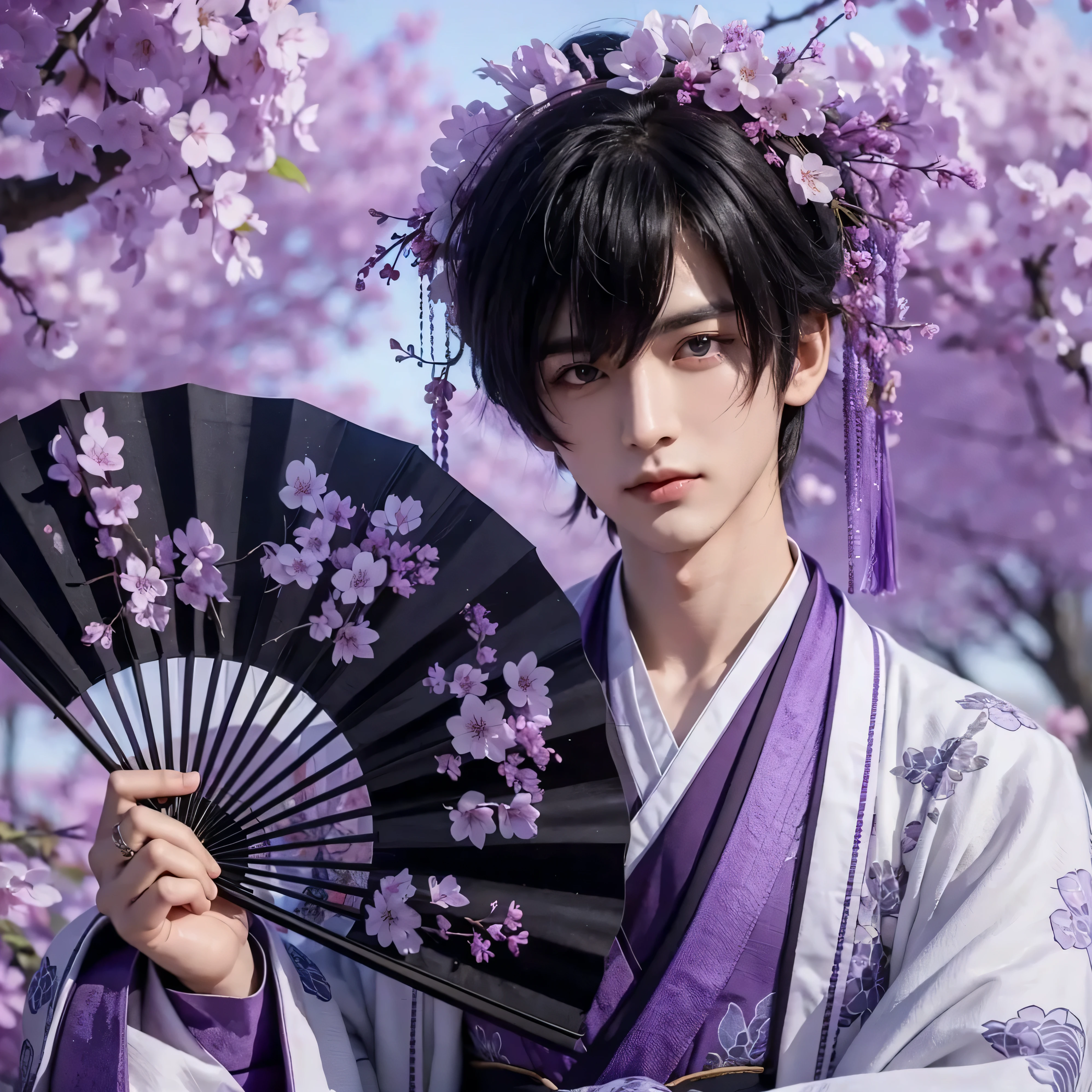 handsome boy, black hair, purple eyes, purple hanfu, purple fan, cherry blossom