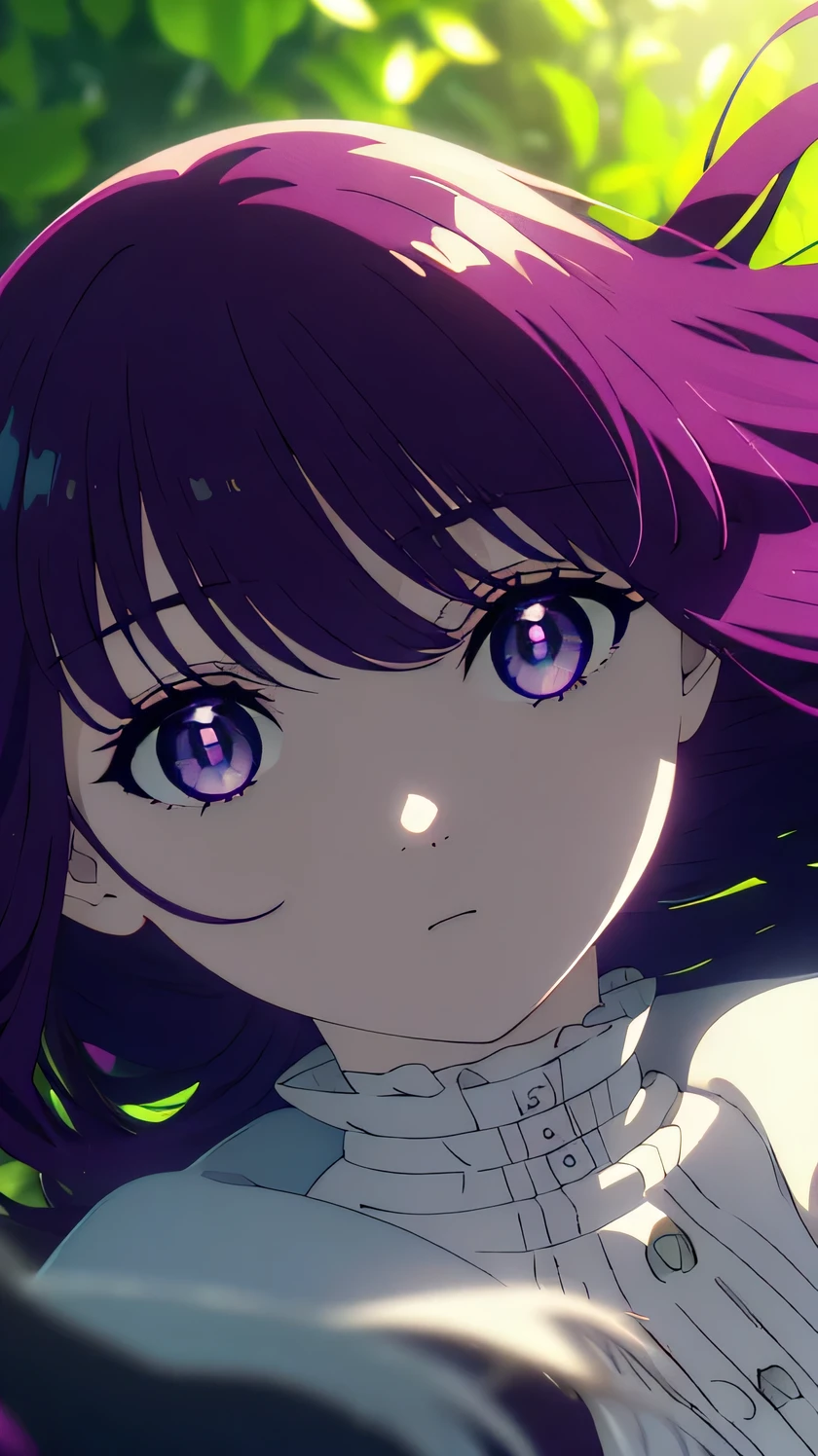 Fern, Fern, long hair, bangs, (purple eyes:1.1), purple hair, side lock, blunt bangs, bright pupils, half up hair, break shirt, dress, Jacket, white shirt, open clothes, hood, white dress, hood down, break looking at viewer, Upper body, (full body:1.2), break outdoors, null, nature, break (masterpiece:1.2), highest quality, High resolution, unity 8k wallpaper, (figure:0.8), (detailed and beautiful eyes:1.6), highly detailed face, perfect lighting, Very detailed CG, (perfect hands, perfect ???????), (Floating on the lake 2.0)