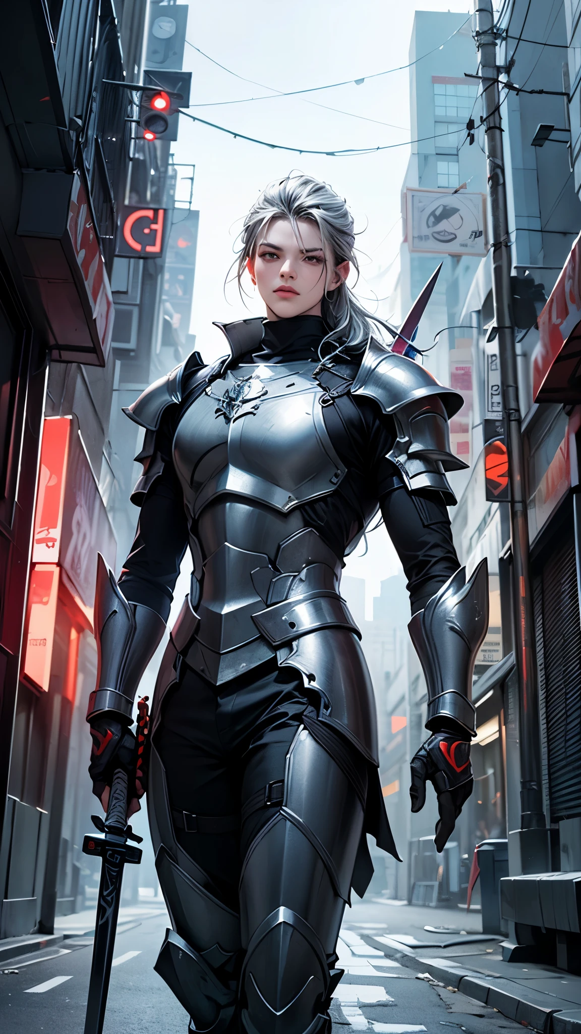 (best quality,4k,8k,highres,masterpiece:1.2), realistic, cyberpunk, (stoic:1.1), (paladin:1.1), (chrome armor:1.1), (neon lights:1.1), (city:1.1), (futuristic:1.1), (energy sword:1.2), (scripture verse:1.1), engraved blade, (A stoic:1.1) cyberpunk paladin, (his:1.1) chrome armor reflecting the neon lights of the city, (holding:1.1) a futuristic energy sword with a scripture verse engraved on the blade.