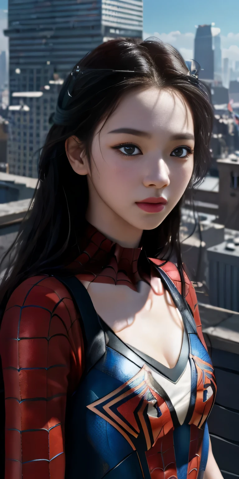 (1girl:1.3), Solo, (((Very detailed face)))), ((Very detailed eyes and face)))), Beautiful detail eyes, Body parts__, Official art, Unified 8k wallpaper, Super detailed, beautiful and beautiful, beautiful, masterpiece, best quality, original, masterpiece, super fine photo, best quality, super high resolution, realistic realism, sunlight, full body portrait, amazing beauty, dynamic pose, delicate face, vibrant eyes, (from the front), She wears Spider-Man suit, red and black color scheme, spider, very detailed city roof background, rooftop, overlooking the city, detailed face, detailed complex busy background, messy, gorgeous, milky white, highly detailed skin, realistic skin details, visible pores, clear focus, volumetric fog, 8k uhd, DSLR, high quality, film grain, fair skin, photo realism, lomography, futuristic dystopian megalopolis, translucent ,