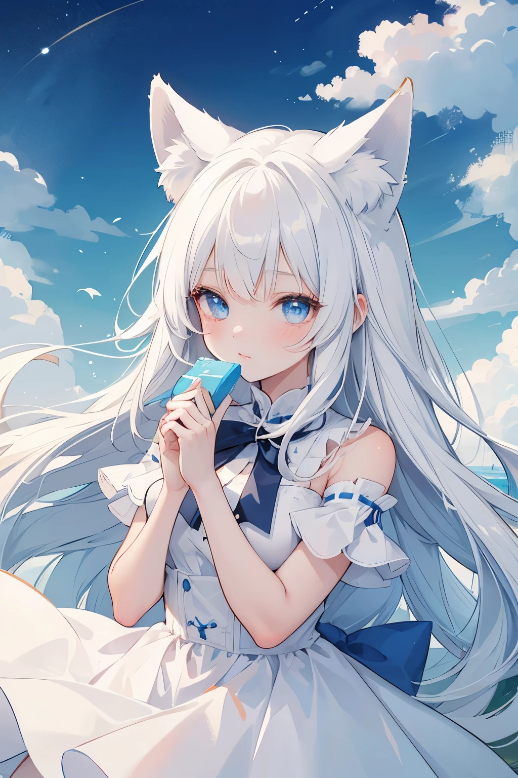 A teenage girl with cream-colored fox ears and a fox tail, bright blue eyes, long white hair, and a blue and white dress.