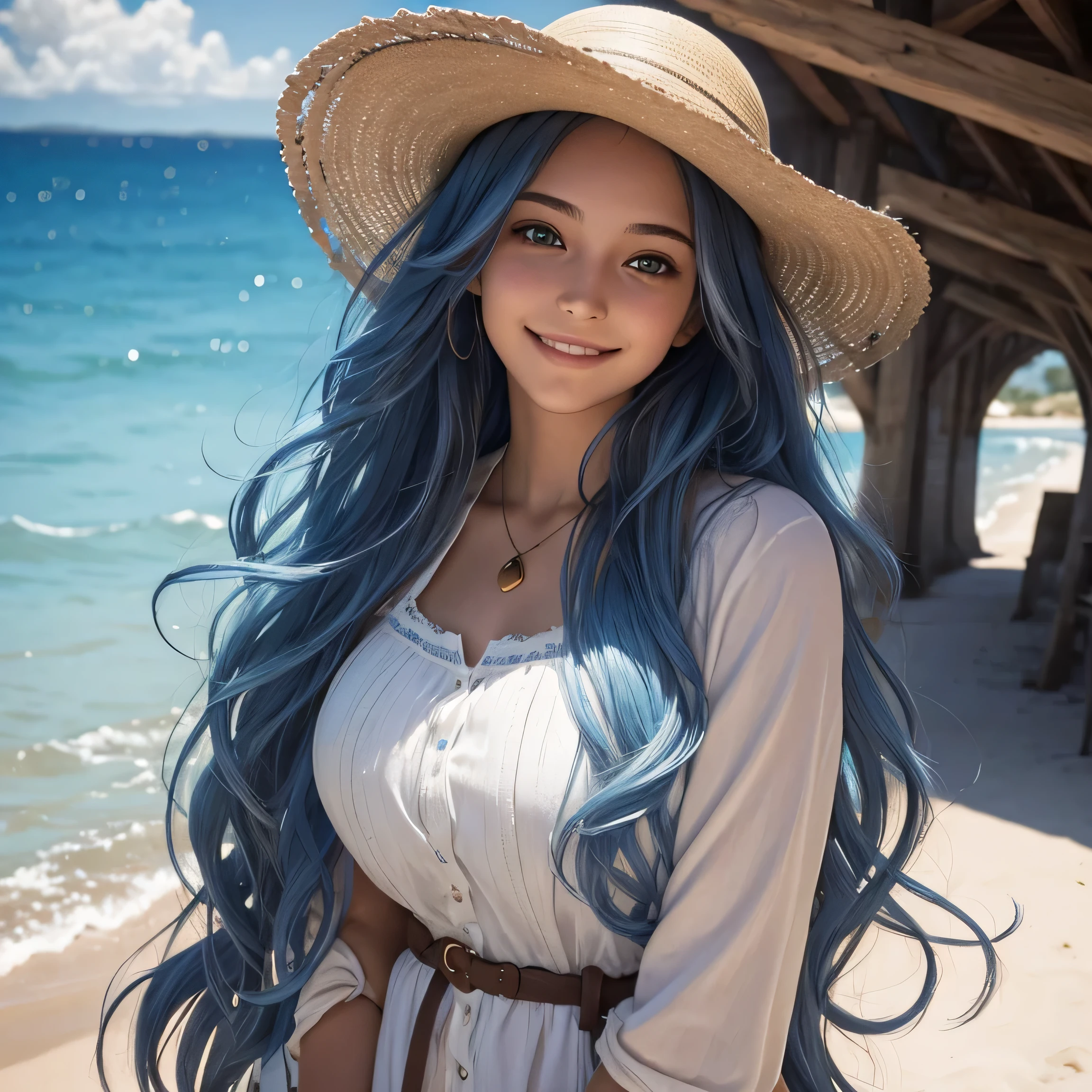 une jeune femme dans la vingtaine, with long wavy blue hair of a soft brown framing a delicate face. Ses grands yeux bleu. Her warm smile lights up her face and transmits positive energy. elle a des lunette de soleil et elle bronze