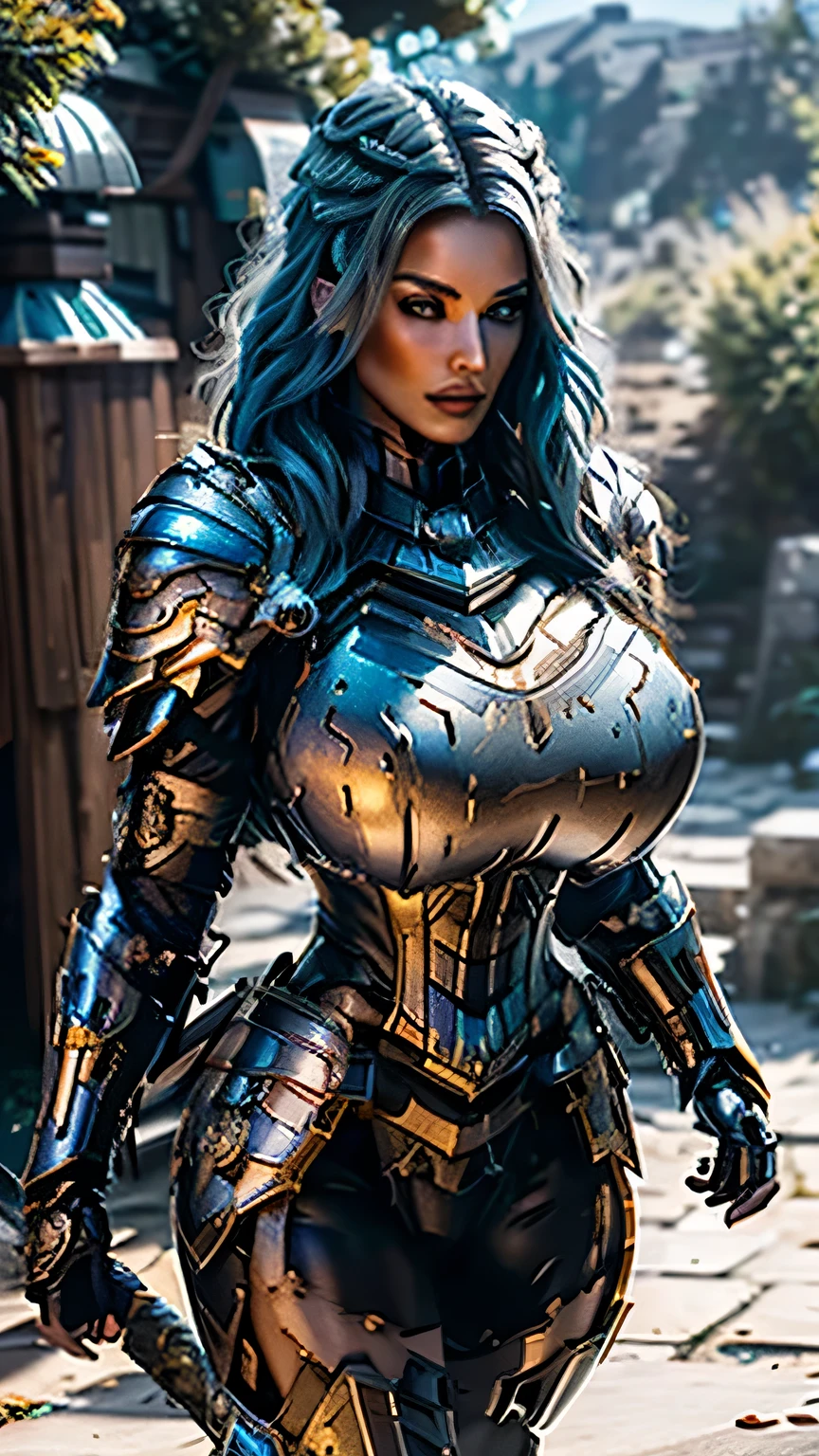 8K,asgard female warrior with very ,Super beautiful(like the real thing),black very large chest armor,realistic skin,luxury black pants,Has a large, long black spear,sexy,musculslim body,ripped abs,black shoulder armor,black waist armor,black leg armor,desert, rich colors, Backlight, cinematic lighting, film grain, RAW, 50mm lens,nikon　D850,ultra high resolution,Super realistic,goddess,battle scene,action scene,action pose,shine a light on the face, long wavy blue hair, the Witcher, the Witcher armor, yennefer, big hips, tights