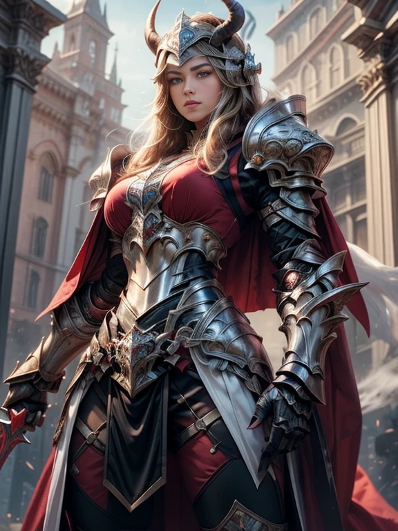 Photorealistic image ((Masterpiece)), ((high quality)) UHD 8K, of a real Viking goddess, Gnna, strong, slim body, skinny waist, model tall, full body, (long blonde hair), (blue eyes), (((Hyper-realistic fantasy full armor, with ivory red metal and intricate details))), (((helmet with large horns))), ((long fur cape)), ((two-pronged fantasy spear)), (in guardian position, fantastic palace of gold ), Photo realistic, Natural lighting, professional DSLR camera., mecha, robot,