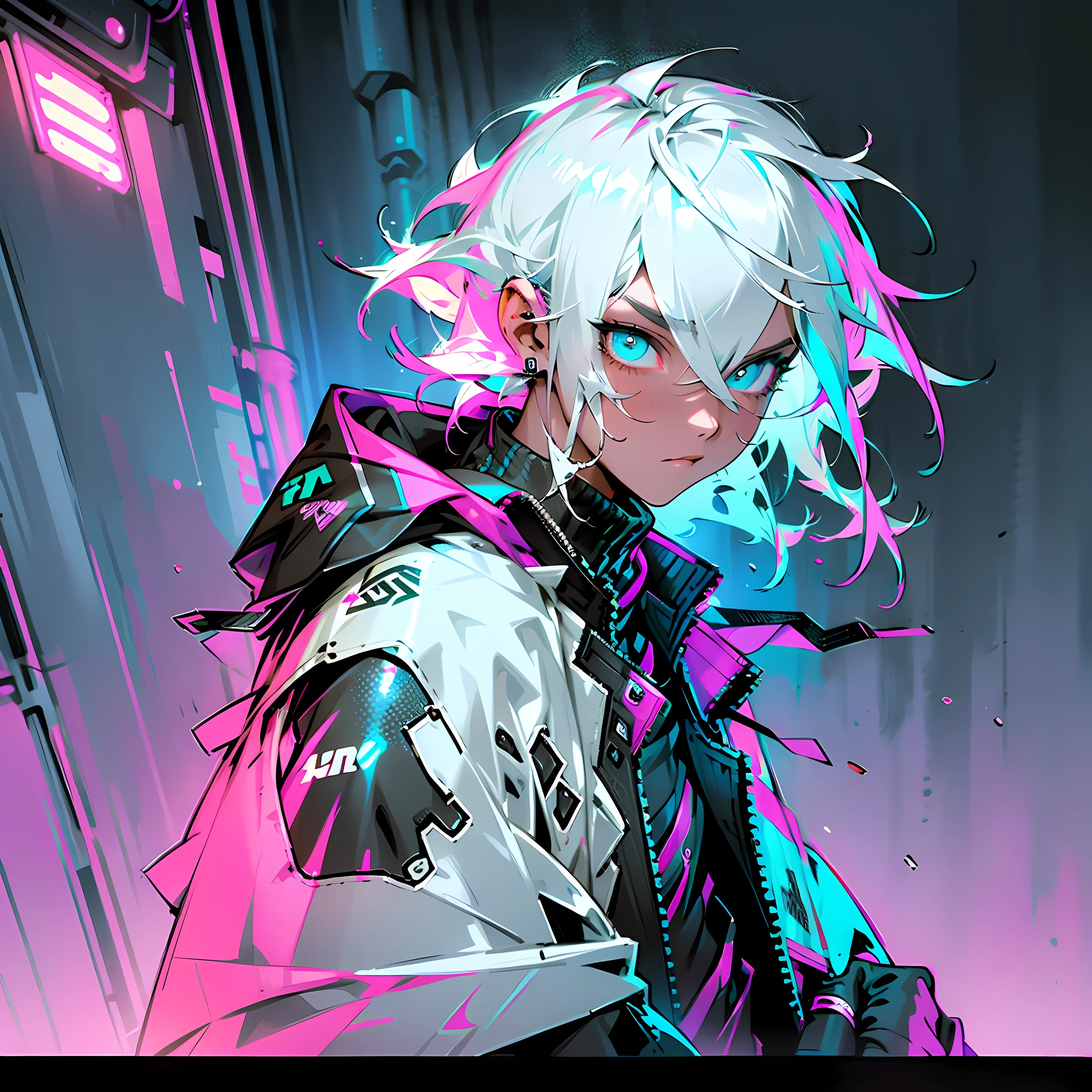 {Boy}, {white hair},{short hair},{hansome} ,{wearing cyberpunk hoodie}, {full body angle view}, {neon lights},{on top of a building},{fine} {choice} {top-grade} {exceptional} {first class} {superior} {superb} {splendid}, {out-and-out} {absolute} {model} {complete} {ideal} {faultless} {Ultra HD} {UHD} {UHDTV} {and 4K}, neon_pop art style, midjourney, 