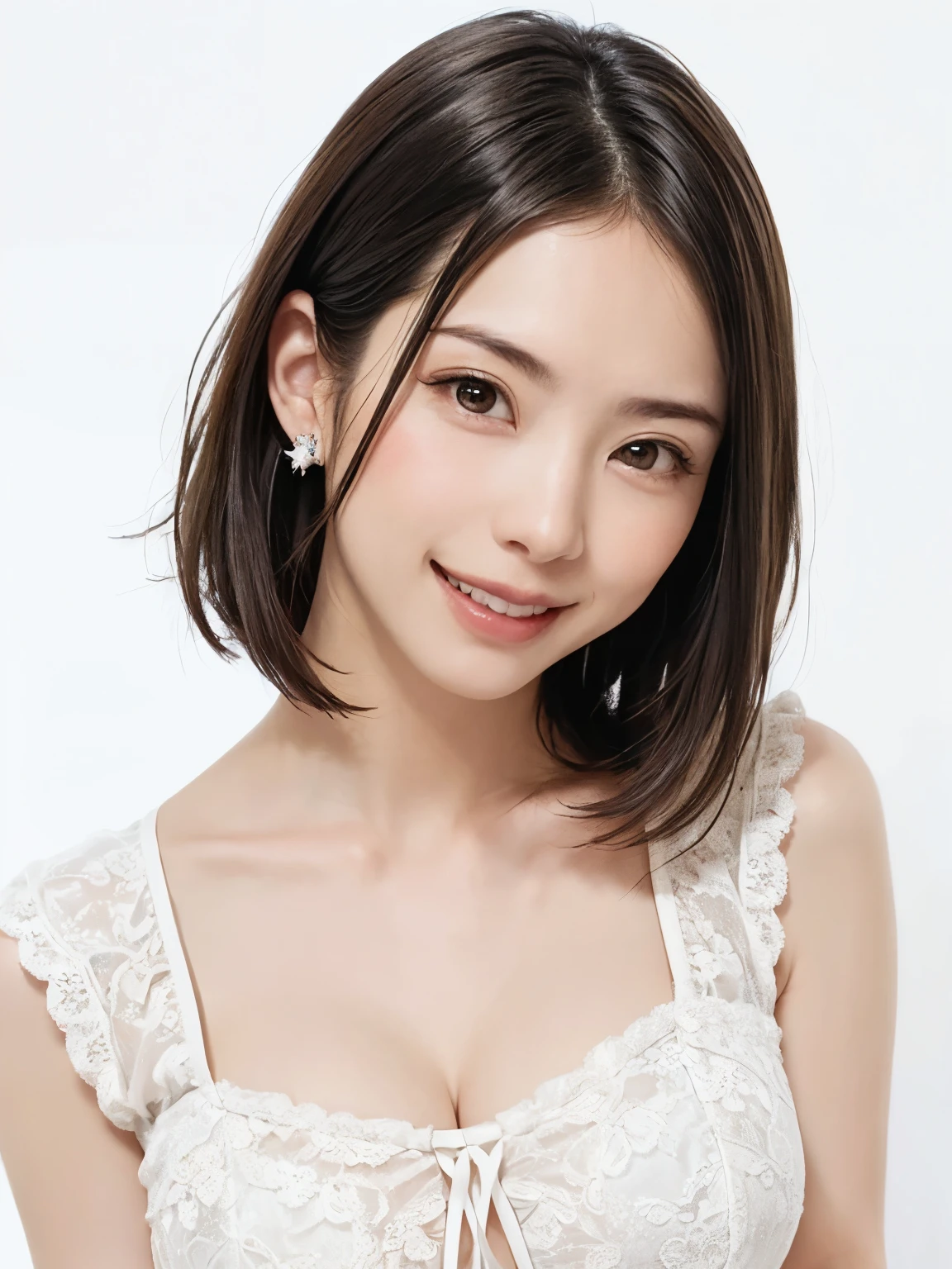 (software:1.8、masterpiece, highest quality),1 girl, alone, have, realistic, realistic, looking at the viewer, light brown eyes:1.5, Brunette short bob hairstyle with highly detailed shiny hair, short hair:1.8、Beautiful face in symmetry、spring clothes:1.6, Whity, lips, bangs, outdoor, closed mouth, Upper body、Big eyes、eyelash、((Very simple white background:1.8))、(((bangsのあるshort hair、Big eyes、big and full chest、look at the audience、beautiful beauty、show me your ears、long neck、smile、please close your mouth and smile)))、ideal body proportions、(({Huge|big|Hugeな|mega} chest:2, cleavage:2、幸せなsmile、beautiful teeth、))