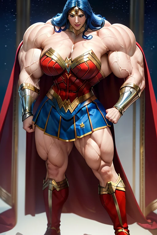 ((((Massive, tall, beautiful, buff, pale white skinned muscular woman with royal blue hair, ginormous bulky muscles and wearing an all royal blue Wonder Woman suit with pleated skirt and a cape)))), close view, ((massive muscle)), massive biceps, hyper muscle shoulders, massive muscle arms, vascular shoulders, hyper muscle triceps, (long curly wavy hair), white eyes, superhero gauntlets, choker, ((in the mount Olympus)), superhero boots, confident smile, night, hyper vascular arms, hyper muscles arms, hyper muscle legs, (ginormous arms),