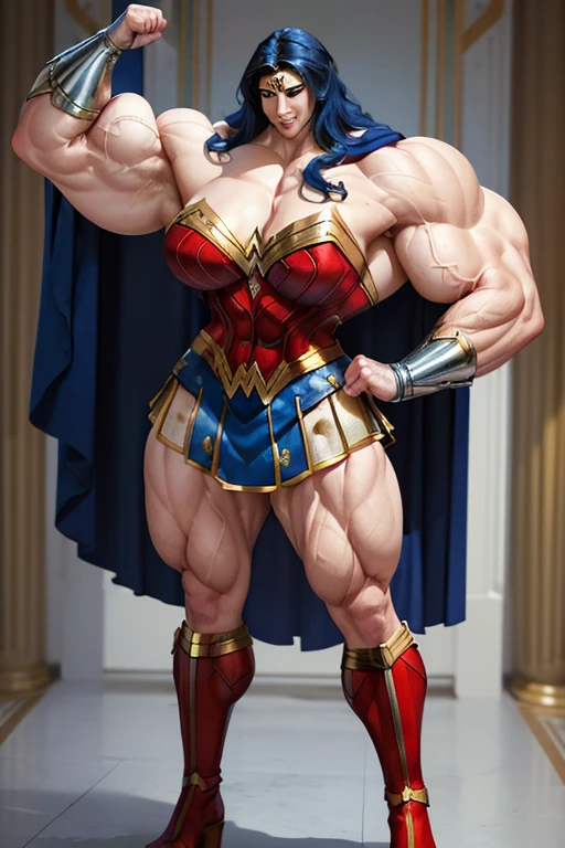 ((((Massive, tall, beautiful, buff, pale white skinned muscular woman with royal blue hair, ginormous bulky muscles and wearing an all royal blue Wonder Woman suit with pleated skirt and a cape)))), close view, ((massive muscle)), massive biceps, hyper muscle shoulders, massive muscle arms, vascular shoulders, hyper muscle triceps, (long curly wavy hair), white eyes, superhero gauntlets, choker, ((in the mount Olympus)), superhero boots, confident smile, night, hyper vascular arms, hyper muscles arms, hyper muscle legs, (ginormous arms),